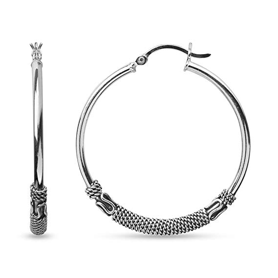 LeCalla Sterling Silver Jewelry Oxidized Balinese Click Top Work Wear Hoop Earrings for Women