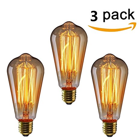 KINGSO 3 pack Vintage Edison Bulb E27 Base 60w ST64 Antique Filament Tungsten Squirrel Cage Style 19 Anchors Incandescent Bulbs for Home Light Fixtures Decorative Glass 220V