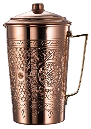 Copperbull 2017 Heavy Gauge 1Mm Solid Hammered Copper Water Moscow Mule Serving Pitcher Jug with Lid 2.2-Quart (Engraved Copper)