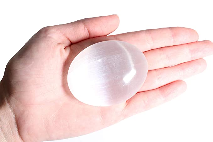 Dey Designs Selenite Crystal Palm Stone - Worry Stone - Spiritual Healing Massage Palmstone with Certificate of Authenticity
