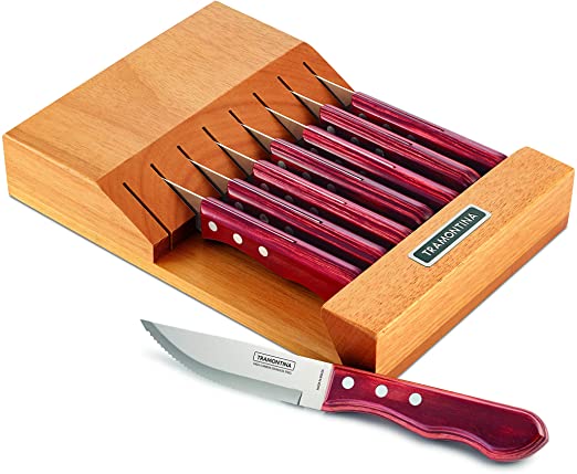 Tramontina 80000/003DS Porterhouse Stainless Steel 9-Piece Steak Knife Set with Multi-Purpose Hardwood Block, Pointed Tip, Polywood Jumbo Handle, Made in Brazil