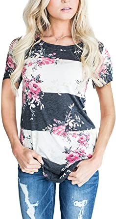 CEASIKERY Women's Blouse Short Sleeve Floral Print T-Shirt Comfy Casual Tops for Women 007