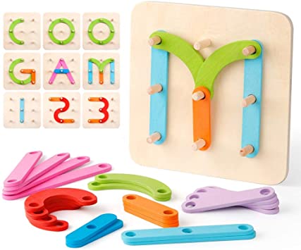 Kunmark Wooden Letter and Number Construction Activity Set Educational Preschool Toddler Shape Color Recognition Sorter Board Blocks Stack Sort Non-Toxic Toy
