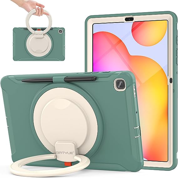 BATYUE Samsung Galaxy Tab S6 Lite Case 10.4 Inch 2022/2020 (SM-P610/P613/P615/P619) ; Protective Rugged Case with Pencil Holder, 360° Swivel Stand; for Kids, Boys, Girls - Emerald Green