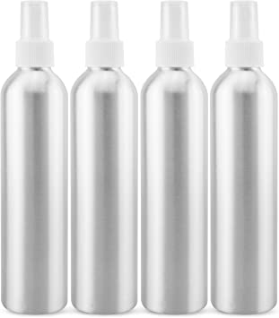 Cornucopia 8oz Aluminum Fine Mist Spray Bottles with Atomizers (4-Pack, w/White Caps); Metal Spritzer Bottles for Aromatherapy, Personal Care, and Sterilizing