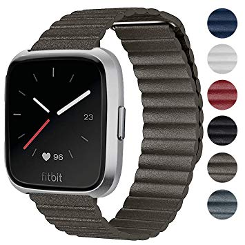 Shangpule Compatible Fitbit Versa Bands Women Man, Genuine Leather Loop with Unique Magnetic Strap Replacement Wristbands Accessories Compatible Fitbit Versa Fitness Smart Watch
