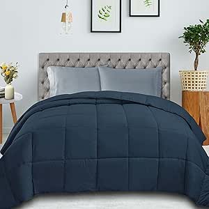 SUPERIOR Classic All-Season Reversible Comforter, Comfy, Fluffy, Cozy, Lightweight, Decorative, Duvet Insert, Plush, Oversized Bedding Essential, Box Quilt Design, 4 Corner Loops,Twin XL, Blue