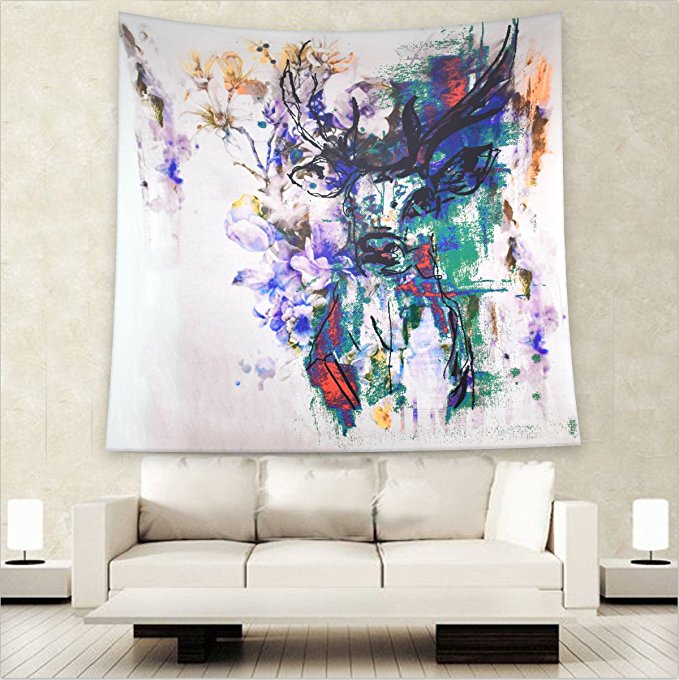 Willing Life Boho Watercolor Deer Print Floral Tapestry 80"X60" Inch Abstract Painting Hippy Wall Hanging Bedspread Couch Cover Curtain Home Girl's Dorm Room Bedroom Decor(Colorful Deer, Large)