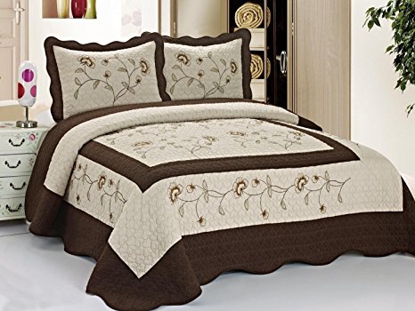 3pcs High Quality Fully Quilted Embroidery Quilts Bedspread Bed Coverlets Cover Set , Queen King (Taupe/Brown)