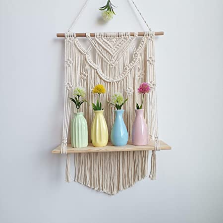 Macrame Wall Hanging Shelf, Wood Hanging Shelf Organizer Hanger, Handmade Cotton Rope Bohomia Woven Home Wall Decor (Flower)