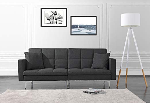 Modern Plush Tufted Linen Split Back Living Room Futon, Sofa for Small Space (Dark Grey)