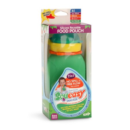 Squeasy Snacker 6oz 100% Food Grade Silicone Reusable Food Pouch, featuring the No Spill Insert - Green