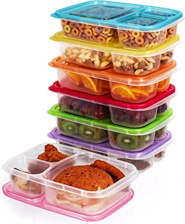 Kurtzy Bento Lunch Box Reusable 3 Compartment Food Containers (7 Pack) - Microwave, Dishwasher & Freezer Safe - Stackable Plastic Leakproof Lunch Meal Prep Boxes with Lids for Adults & Kids