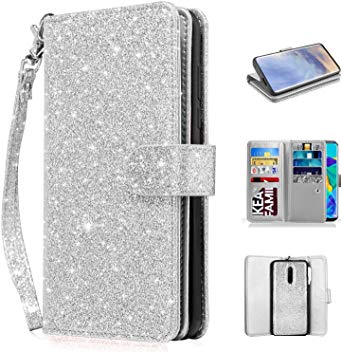 Newseego Oneplus 7 Pro Leather Case, Glitter Shiny PU Magnetic Closure Multi-Credit Card Slot Stand Protective Cases Detachable 2 in 1 Wallet Cover and Wrist Strap for Oneplus 7 Pro - Silver