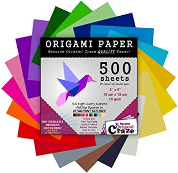 Origami Paper 500 Sheets Premium Quality for Arts and Crafts 6" Square Sheets 20 Vibrant Colours Same Colour on Both Sides 100 Design Ebook Included (See Back of Cover for Download info)