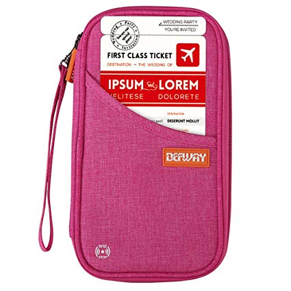 DEFWAY Family Passport Holder Waterproof RFID Blocking Credit Card Organizer Travel Document Bag Ticket Wallet with Strap for Men Women (Rose Red)