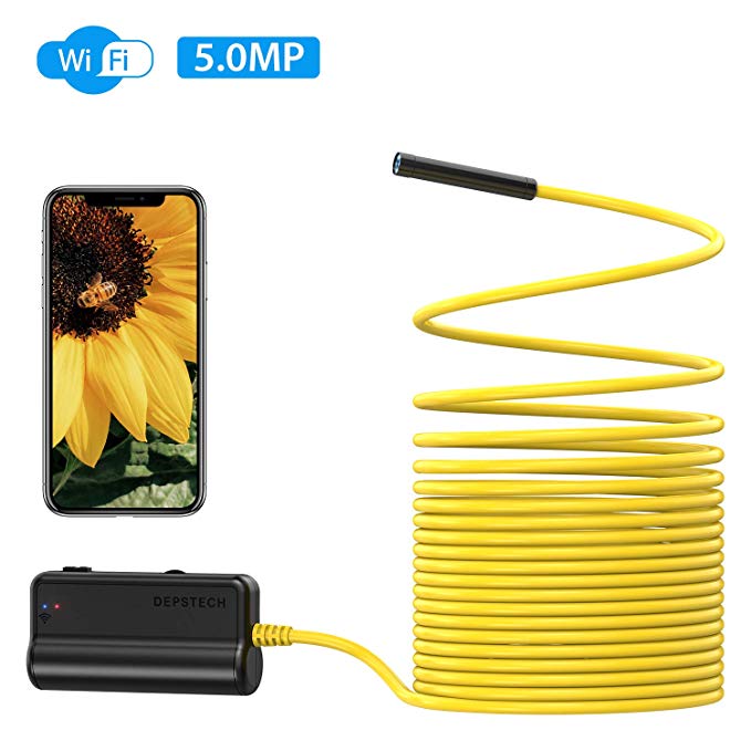 WiFi Endoscope, DEPSTECH Upgrade 5.0MP HD Inspection Camera Snake Wireless Borescope, 16 Inch Focal Distance, Semi-Rigid Cable, 2600mAh Battery for Smartphone Tablets with iOS & Android-16.5ft