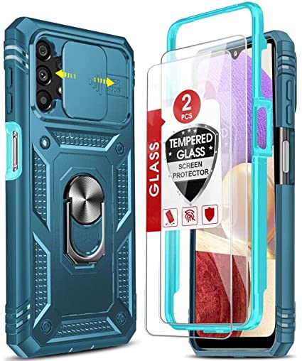 AnoKe for Galaxy A32 5G Case, Samsung Galaxy A32 5G Case with Slide Camera Cover   2 PCS Glass Screen Protector, Full-Body Shockproof [Military-Grade] Rugged Phone Case with Kickstand for A32, Blue