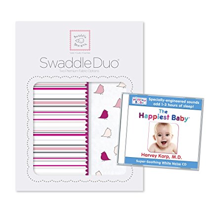 SwaddleDesigns SwaddleDuo 2pack with The Happiest Baby White Noise CD Bundle, Stripes and Little Chickies, Very Berry
