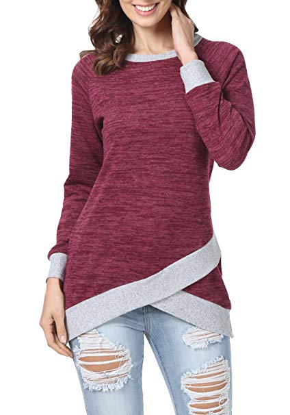 levaca Women's Long Sleeve O Neck Cross Front Hem Loose Fit Casual Tunic Tops