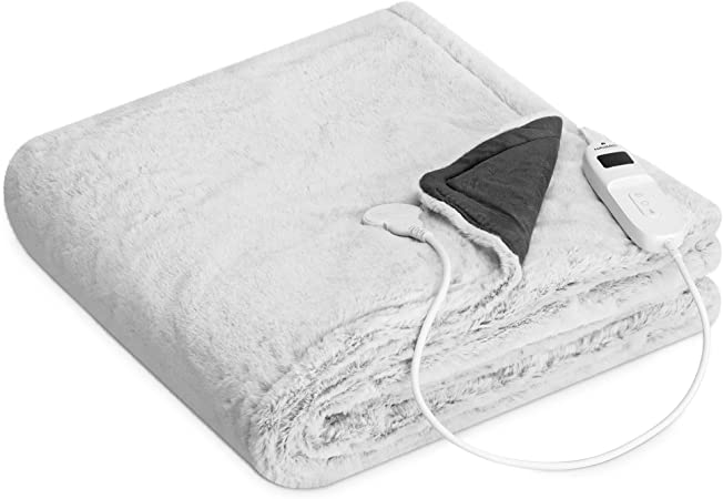 Navaris Electric Blanket - 180 x 130 cm Faux Fur Heated Throw Blanket with 9 Temperature Heat Level Settings and Auto Shut Off Timer - Grey