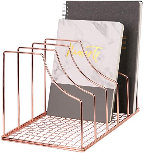 Simmer Stone File Sorter Organizer, 5 Section Magazine Holder Rack, Desktop Wire Book Stand for Mail, Paper, Document, Folder, Record and Desk Accessories, Rose Gold