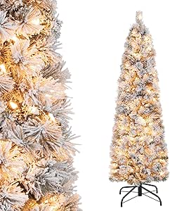 Goplus 4.5ft Pre-Lit Snow Flocked Pencil Christmas Tree, Artificial Slim Xmas Tree with 100 Warm-White Incandescent Lights, 258 Branch Tips, Pine Needles, Metal Stand, for Home Office Holiday Decor