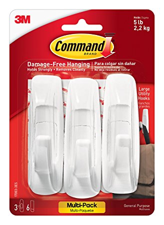 Command Large Utility Hook, White, 3-Hooks, 6-Strips (17003-3ES)