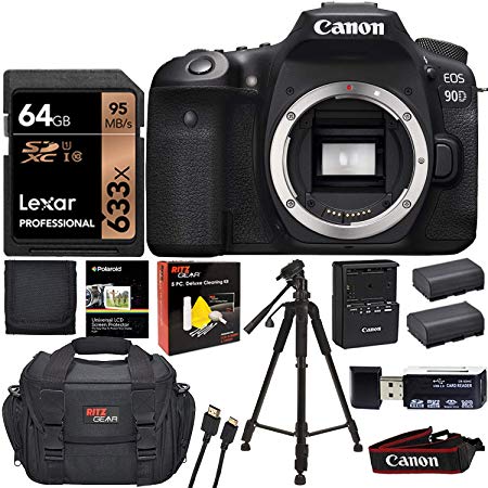 Canon EOS 90D DSLR Camera Body with Lexar 64GB U3 Video Memory Card, Tripod, Camera Bag, Spare Battery, Card Reader, Cleaning Kit and More