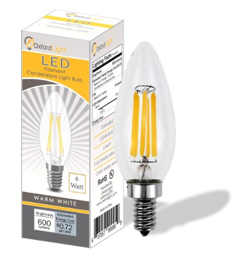 OXFORD LIGHT B10 LED Bulb, LED Filament Bulb, 2700K, 6 Watt, DIMMABLE, LED Light Bulbs Candelabra Base, Chandelier LED, E12 Led Bulb, LED Candelabra Bulb 60 Watt