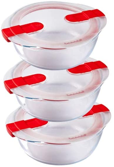 Pyrex Cook and Heat Cook & Heat Set of 3 Round Glass Food Containers 1.1 L with Airtight Lid for Microwaves