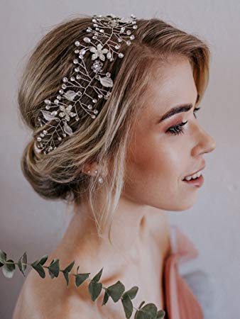 SWEETV Bridal Headband Silver Hair Band Accessories Bohemian Headpiece Crystal Pearl Hair Vine Wedding Headband Tiara