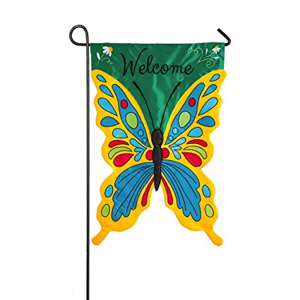 Colorful Welcome Sculpted Butterfly Applique Garden Flag