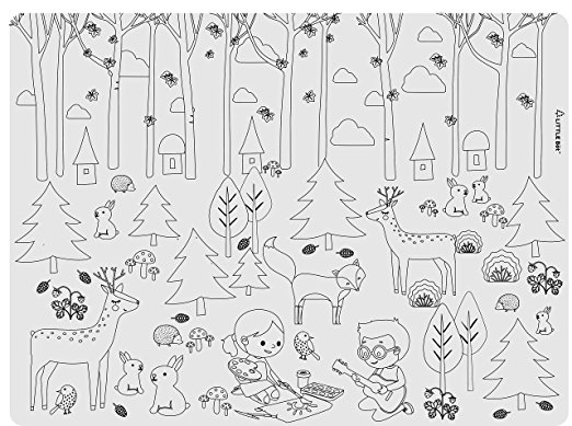 Little Bot Kids Silicone Coloring Placemat, Happy Forest, Silky Soft Silicone, Waterproof, Comfortable, Easy to clean, Baby/Toddler, Germ-free