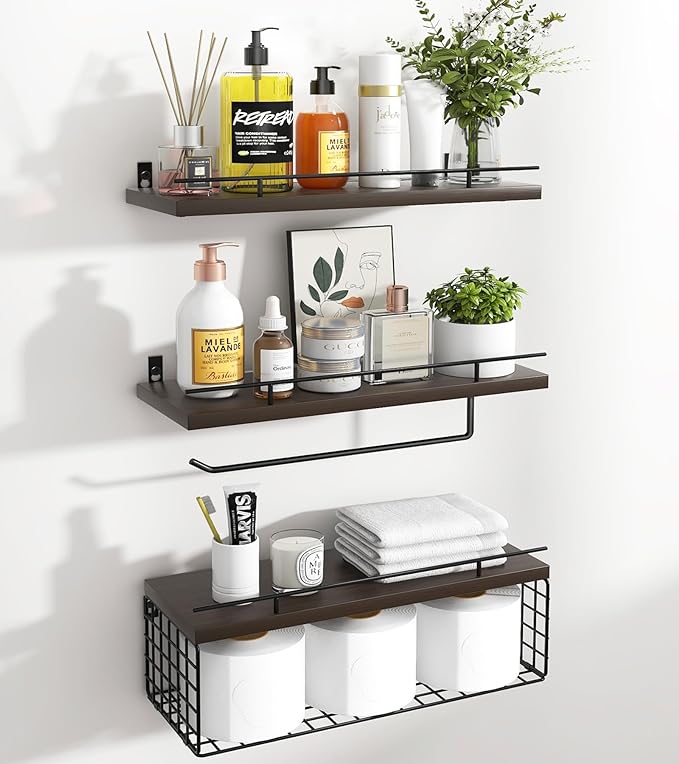 Mefirt Floating Shelves, 3 2 Tier Bathroom Shelves with Paper Towel Holder & Towel Bar, Wood Wall Décor Shelves Over Toilet with Wire Storage Basket & Guardrail, Farmhouse Floating Shelf - Dark Brown