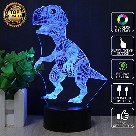 Dinosaur 3D Night Light Touch Table Desk Lamp, Terrosol 7 Colors 3D Optical Illusion Lights with Acrylic Flat & ABS Base & USB Charger for Christmas Kids Gifts