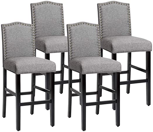 COSTWAY Bar Stools Set of 4, Counter Height Dining Side Barstools, w/Thick Cushion, Linen Surface, Nailhead Trim, Rubber Wood Legs, High Leisure Chairs for Living Room, Kitchen, Dining Room, Gray