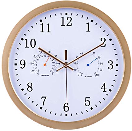 DXX Radio Controlled Wall Clock With Temperature Humidity 12 Inch Non-Ticking Silent Wall Clock-Golden
