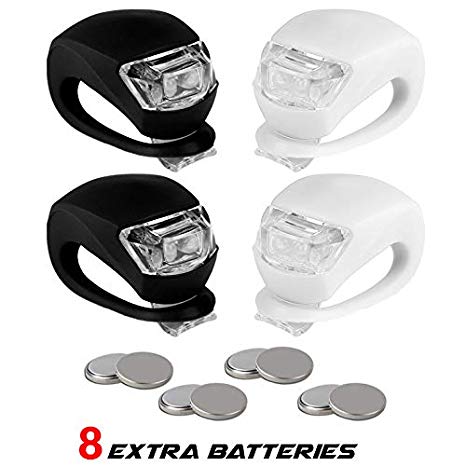 Stupidbright BLINK4 Mini Silicone Strap ON LED Bike Light - 8 Extra Batteries- 4 Lights - 2 Front & Rear Bike Light Set - Black & White