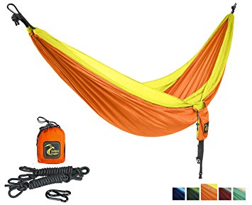 DoubleEagle Power Hammock Set (2 person) - Lightweight Parachute Nylon 210T Double Camping Hammocks for Hiking, Travel, Beach, Yard, Gift - Including Carabiners & Ropes. PREMIUM QUALITY.