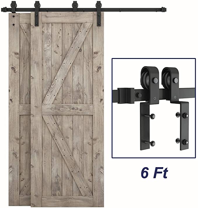 SMARTSTANDARD 6ft Bypass Sliding Barn Door Hardware Kit - Upgraded One-Piece Flat Track for Double Wooden Doors - Smoothly &Quietly - Easy to Install -Fit 36" Wide Door Panel(J Shape Hanger)