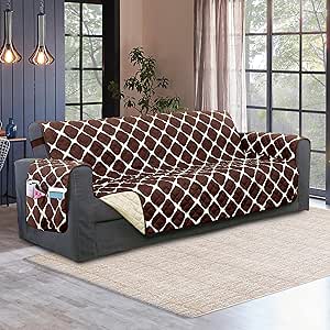 Elegant Comfort Quilted Furniture Protectors Solid and Printed Design Reversible Slipcovers Featuring Elastic Straps and Smart Pockets, Bloomingdale Oversized Sofa, Brown/Cream