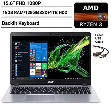 2020 Newest Acer Aspire 5 15.6" FHD 1080P Laptop Computer| AMD Ryzen 3 3200U up to 3.5 GHz(Beat i5-7200u)| 16GB RAM| 128GB SSD 1TB HDD| Backlit KB| WiFi| Bluetooth| HDMI| Windows 10| Laser USB Cable