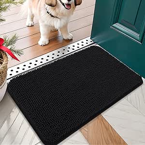 OLANLY Dog Door Mat for Muddy Paws 24x16, Absorbs Moisture and Dirt, Absorbent Non-Slip Washable Mat, Quick Dry Chenille, Mud Mat for Dogs, Entry Indoor Door Mat for Inside Floor, Black