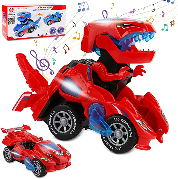 Rusee Transforming Dinosaur Toys, Transforming Dinosaur Car, Automatic Transform Dino Cars with Music and LED Light, Transform Car Toy for Kids Boys Girls Birthday Gifts (Red)