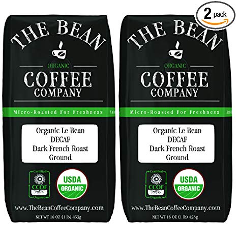 The Bean Coffee Company Organic Decaf Le Bean, Dark French Roast, Ground, 16-Ounce Bags (Pack of 2)