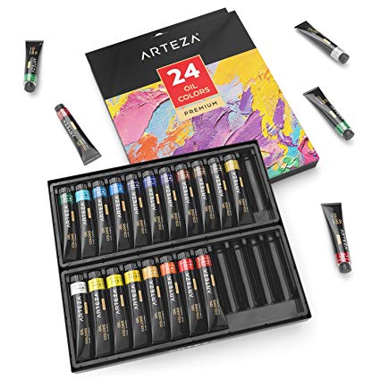 ARTEZA Oil Paint, Set of 24 Colors/Tubes (24x12ml/0.74oz) with Storage Box, Rich Pigments, Vibrant, Non Toxic Paints for The Professional Artist, Hobby Painters & Kids, Ideal for Canvas Painting