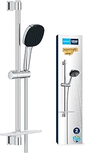 GROHE Vitalio Comfort 110, Ensemble de douche avec Douchette 2 jets, Barre de Douche 60cm, Flexible de douche 1,75m, Tablette, A coller avec GROHE QuickGlue ou à visser, Chromé, 26929001