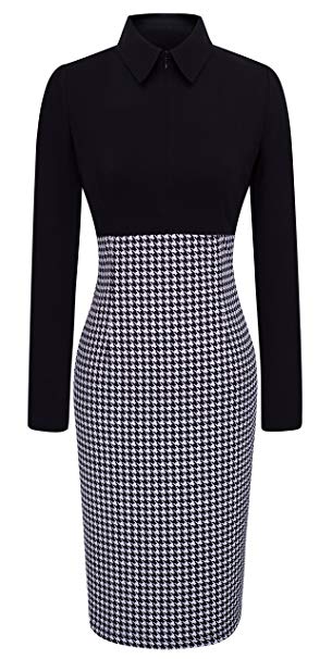 HOMEYEE Women's Voguish Houndstooth Long Sleeve Career Pencil Dress B31