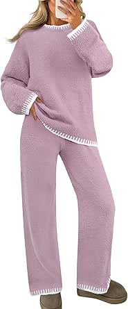 MEROKEETY Women's 2 Piece Fuzzy Fleece Lounge Sets Long Sleeve Top Wide Leg Pants Sweater Pajama Set